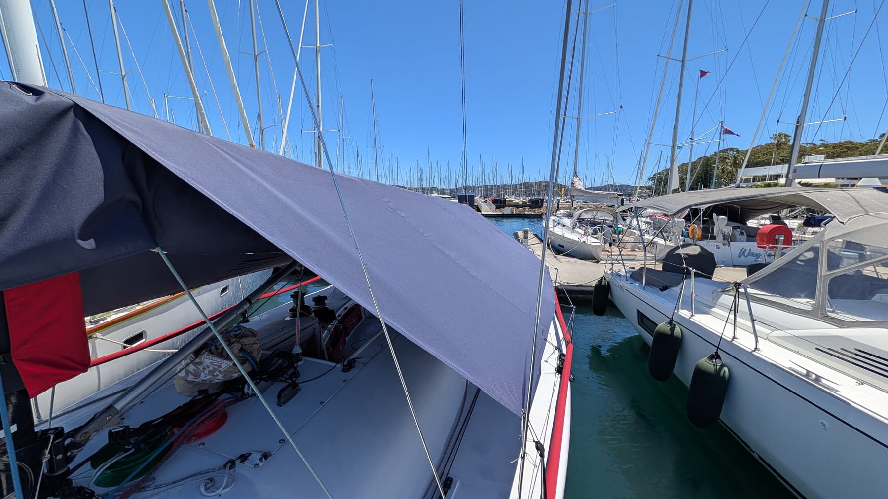 Shade panel rigged over the cockpit of a yacht